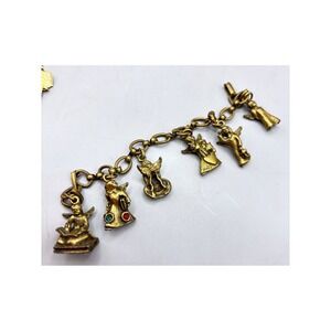 Vintage Art Angel Cherub Charm Bracelet Gold Brass Tone Rhinestone